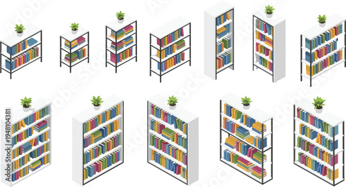 Isometric views of bookshelves with plants on colorful books white background