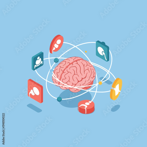 Isometric illustration of a human brain surrounded by interconnected icons representing various concepts.
