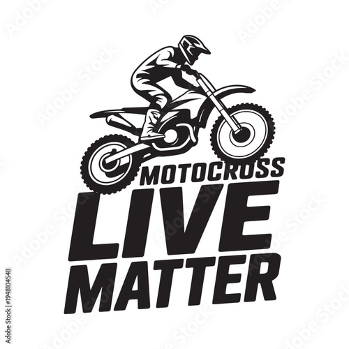 Motocross rider on a dirt bike with bold graphic text overlay