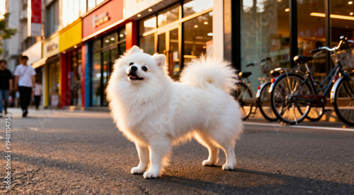 Happy fluffy Japanese spitz walking through a stylish downtown area.