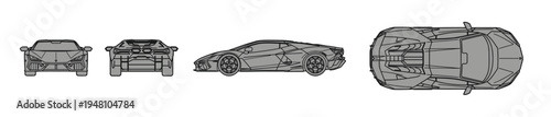 Modern Sports Car Grey Vector Illustration Set, Supercar Front Side Rear and Top Views