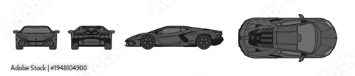 Modern Supercar Vector Illustration Set, Front Rear Side and Top Views Sports Car