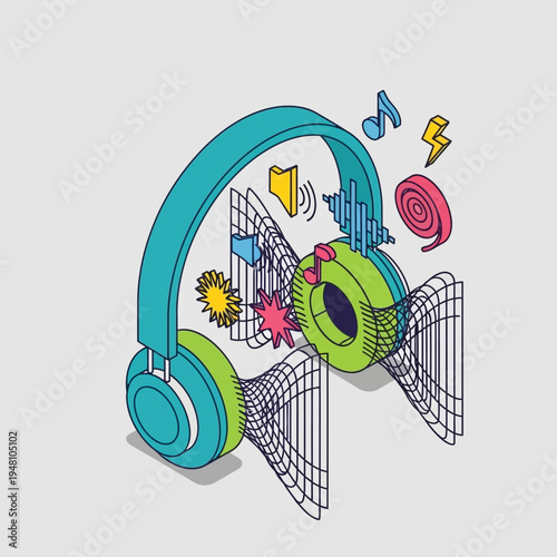 Isometric illustration of headphones with musical notes and sound waves, representing audio technology.
