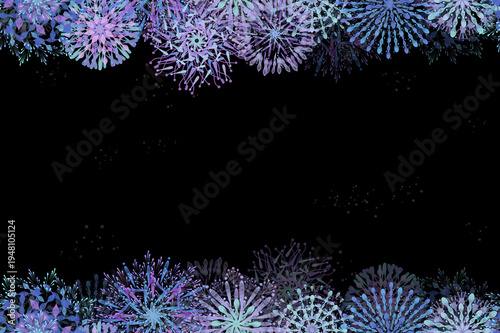 Watercolor fireworks frame on black night sky background, Japanese summer festival banner design