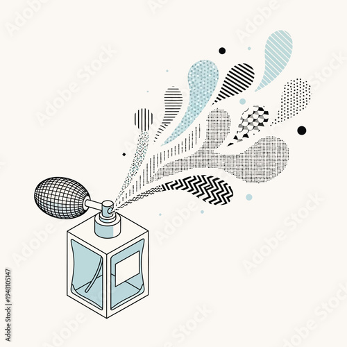 An artistic illustration of a perfume bottle spraying out a stylized scent cloud.