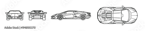 Sports Car Line Art Vector Set, Supercar Outline Front Side Rear and Top Views