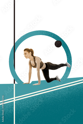 Vertical art trend collage of serious sportswoman do aerobics marathon pilates body care gym practicing exercise weight loss