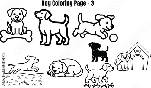 Dog coloring page with various breeds and doghouse