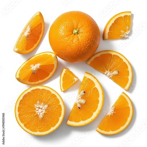 Fresh Orange Fruit Whole and Slices Arranged on White Background Top View