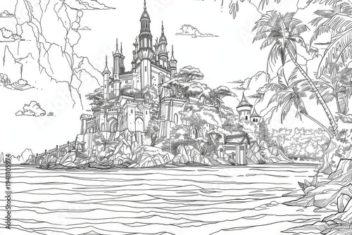 Fairy tale castle island coloring page black white line vector illustration fantasy architecture outline design