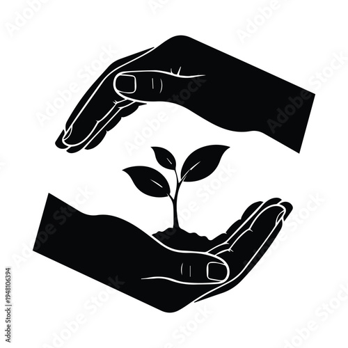 Two hands gently cradling a small sprouting plant symbolizing growth and care.