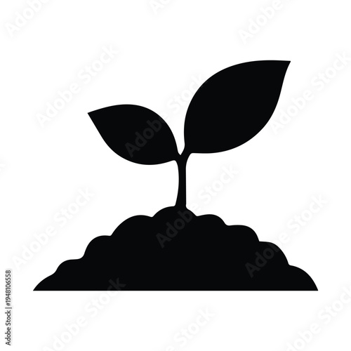 A simple black and white illustration of a young sprouting plant emerging from the soil