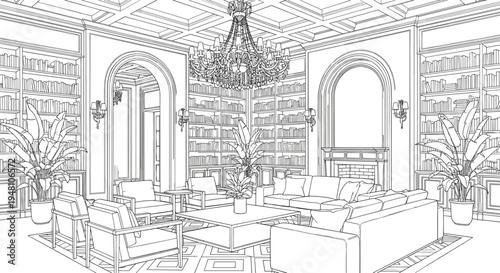Black and white of a living room with bookshelves and a chandelier couch