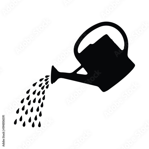 A black and white illustration of a watering can pouring water droplets.