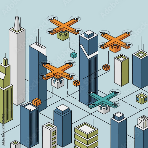 Illustration of delivery drones flying between skyscrapers, transporting packages in an urban environment.