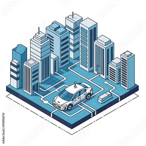 Isometric illustration of a self-driving car navigating a city environment with buildings.