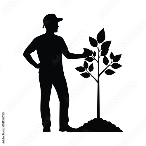 Person planting a young tree in soil with hands on hips