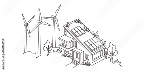Continuous one line design of eco-friendly building with wind turbines. Minimalist style vector illustration on white background.