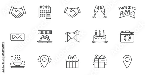 A set of minimalist line art icons representing various celebrations and interactions