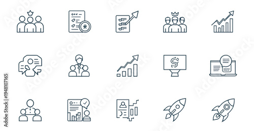 A set of minimalist line art icons representing business and finance concepts