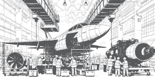Fighter Jet Assembly Hangar Vector Line Art, Aerospace Defense Manufacturing Plant with Cranes and Engineers Installing Aircraft Parts, Military Aircraft Production Facility Technical Industrial