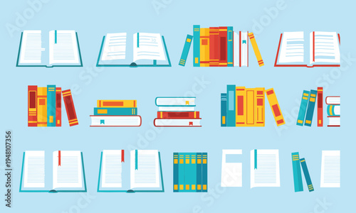 Colorful book in various arrangements on light blue background books stacked books open books