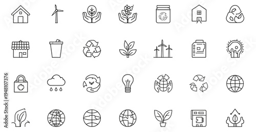 A set of eco-friendly icons representing sustainable living and environmental conservation