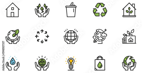 A set of eco-friendly icons representing sustainability and environmental conservation