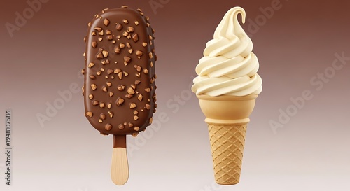 Delicious chocolate almond ice cream bar beside a classic vanilla soft serve in waffle cone
