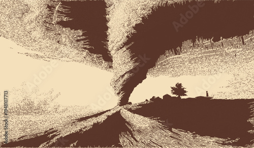 Twisting tornado funnel cloud, extreme weather concept, vector illustration.