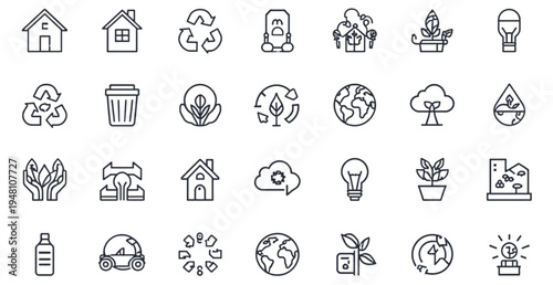 A set of eco-friendly icons and symbols for sustainable living and environmental conservation