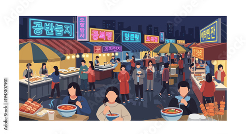 Vibrant Korean Street Food Market at Night, Pixel Art Illustration