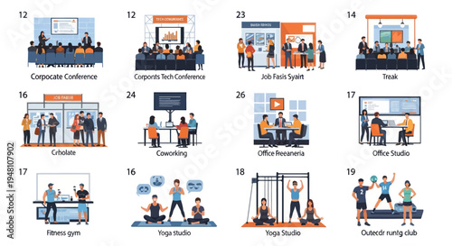 Diverse Business & Lifestyle Scenes: Meetings, Coworking, Yoga, Gym, Job Fair