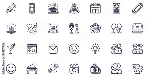 A collection of line art icons representing various social and celebratory concepts