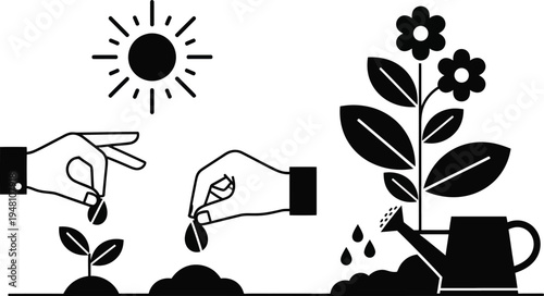 planting seeds and watering flowers