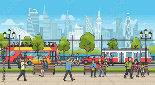 Urban life illustration: people, public transport, cityscape with modern skyscrapers and trees