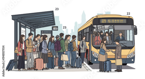 Diverse commuters boarding yellow bus at urban transit stop, city skyline background