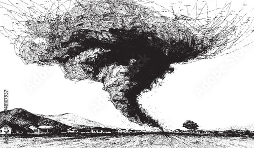 Twisting tornado funnel cloud, extreme weather concept, vector illustration.