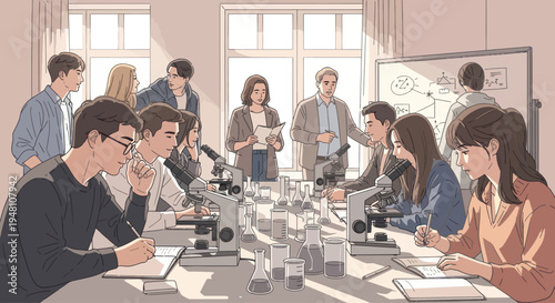 Diverse students in a science lab class with microscopes and a whiteboard lesson