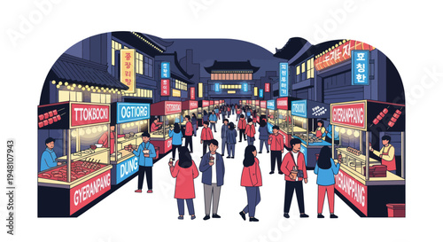 Pixel Art Korean Street Market at Night with People and Stalls