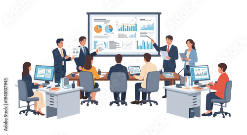 Business Team Analyzing Financial Graphs During a Meeting Presentation