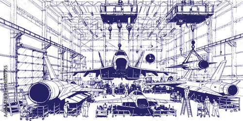 Fighter Jet Assembly Hangar Vector Line Art, Aerospace Defense Manufacturing Plant with Cranes and Engineers Installing Aircraft Parts, Military Aircraft Production Facility Technical Industrial
