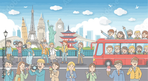 Diverse tourists enjoy global landmarks from a tour bus and on foot, pixel art style
