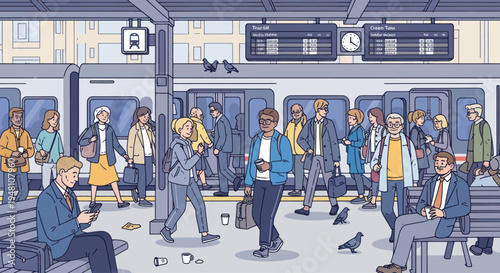 Commuters waiting for train at subway station platform, diverse people, urban transport, flat illustration