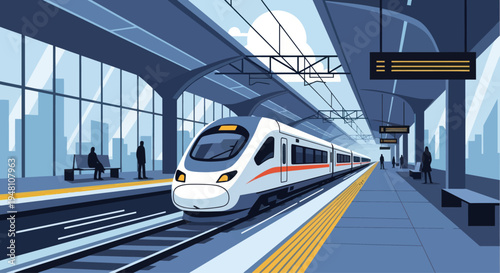 Modern high-speed train at a futuristic station platform with passengers waiting