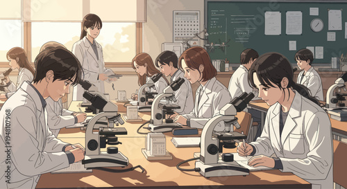 Students in Lab Coats Studying Biology with Microscopes in Classroom