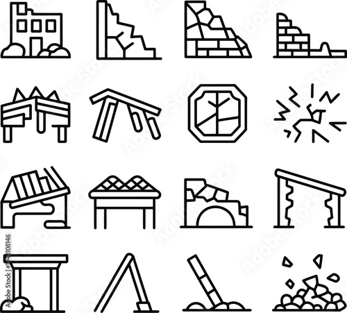 Monoline ruins icon set, broken building, cracked wall, collapsed roof, shattered window, damaged bridge, leaning pole