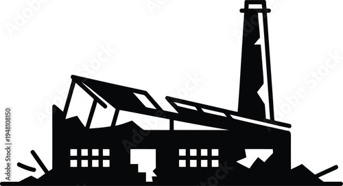 Outline of factory building with roof holes and leaning smokestack, thin black line-art