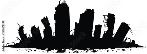 Silhouette of ruined city skyline, broken rooftops and missing walls, jagged outlines