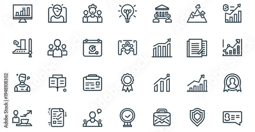 A collection of business and finance icons in a flat, minimalist design style